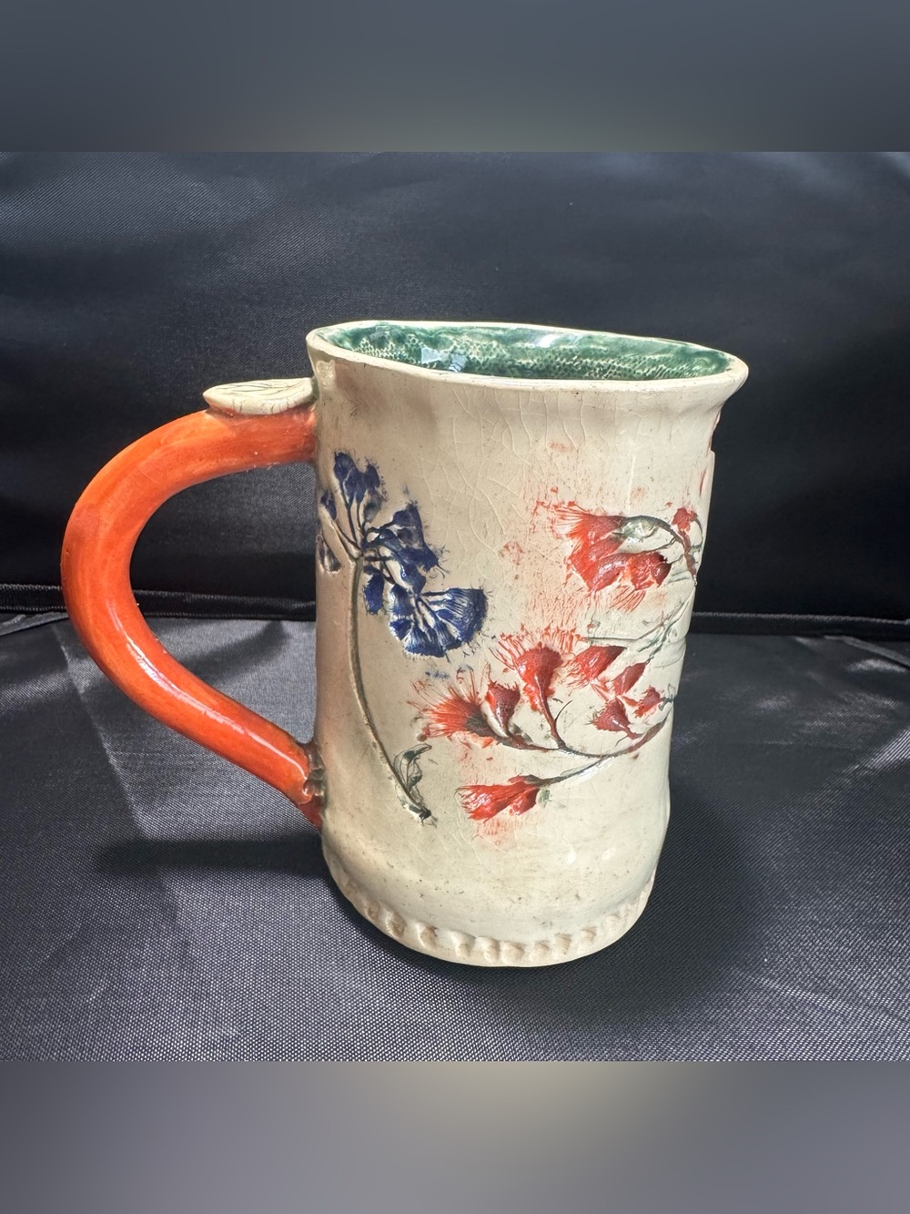 Artist Signed 2009 Handcrafted Studio Art Pottery Mug Floral Motifs, 8 oz